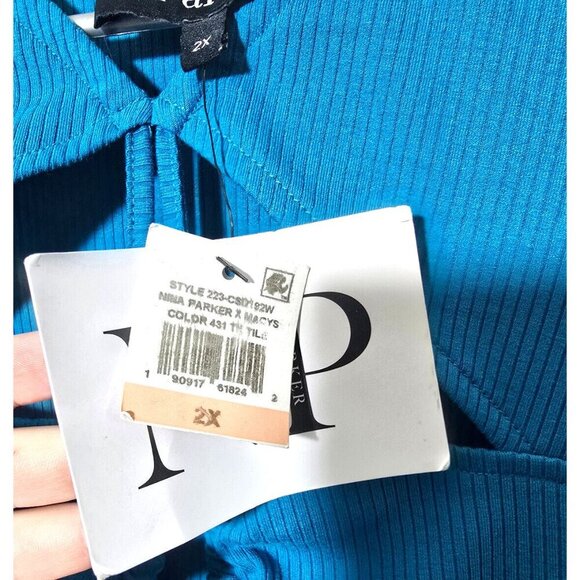 Nina Parker Midi Dress 2X Blue Cut Out Stretch Ribbed Ruched Short Sleeve Casual - Picture 8 of 16